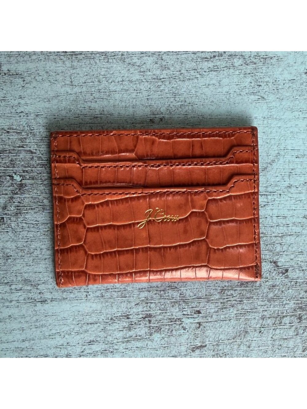 J.Crew Brown Faux Croc Leather Slim Card Holder Wallet With Gold Logo 4.25" x 3"